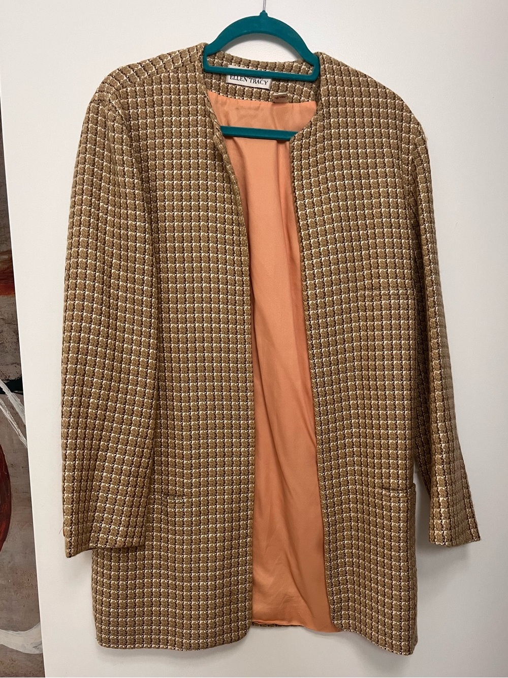 Ellen Tracy Vintage Tan & Cream Tweed Open-Front Jacket Blazer